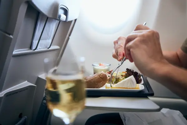 Passageiro com lanche durante voo de avião