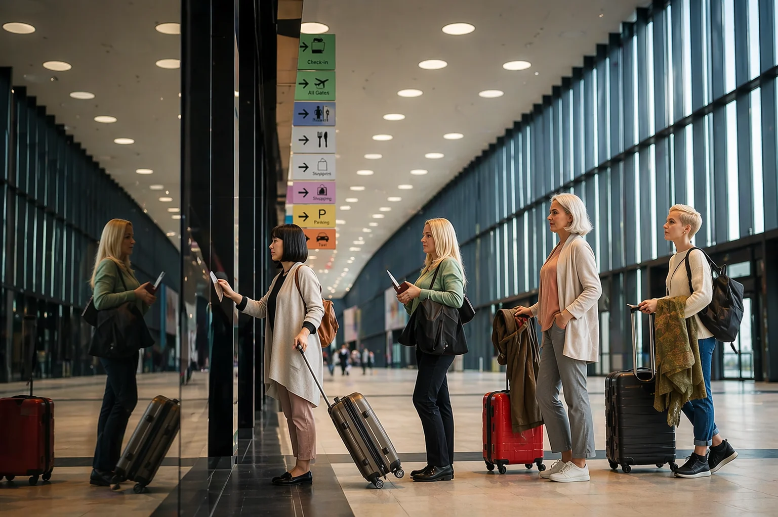 Passageiras com malas em fila no aeroporto próximas a painel de check-in