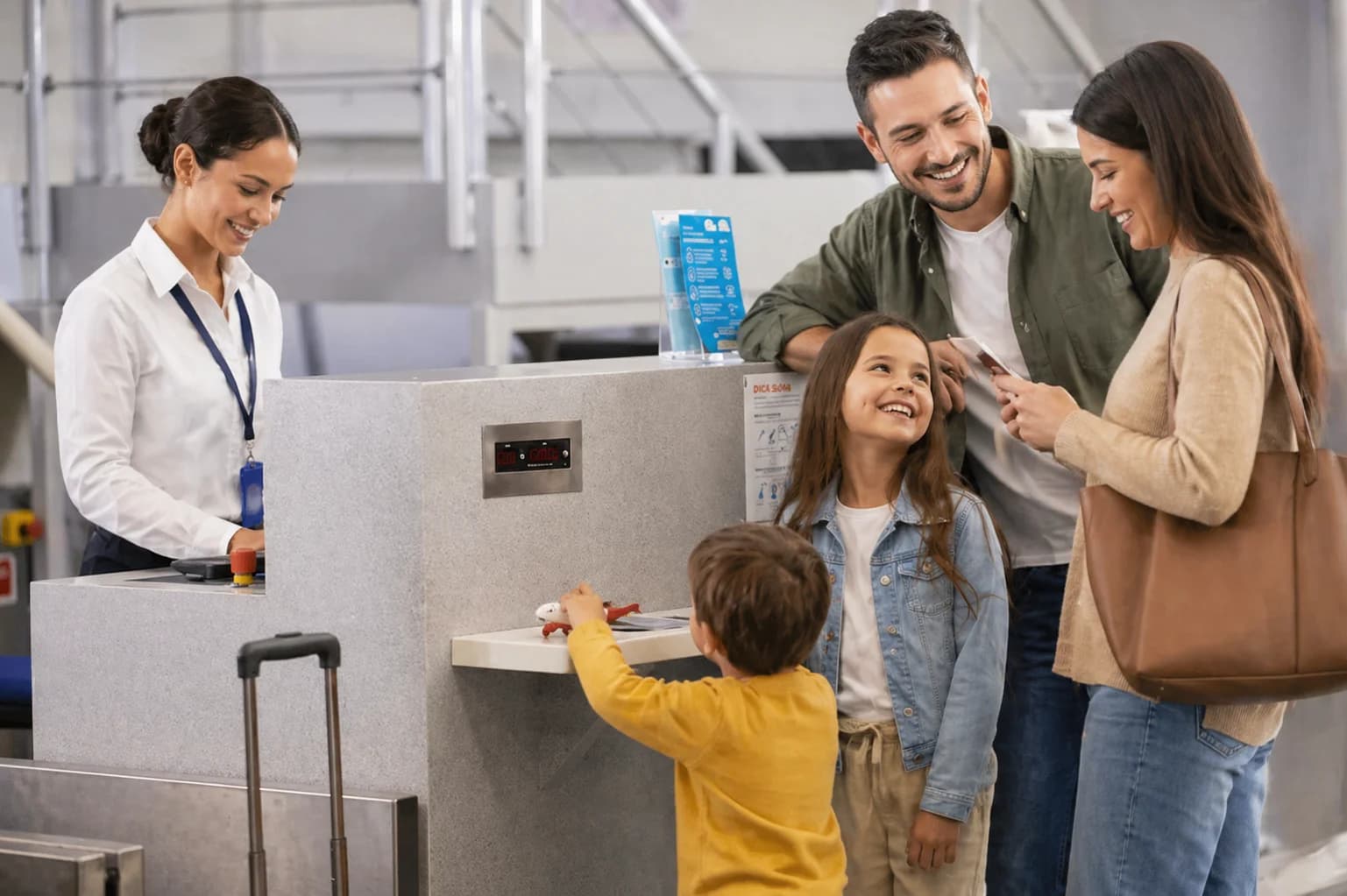 Família com crianças no balcão de check-in do aeroporto
