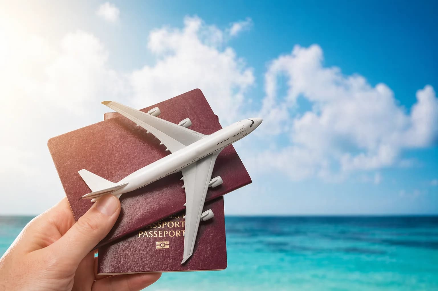 Mão segurando passaportes e miniatura de avião com mar ao fundo