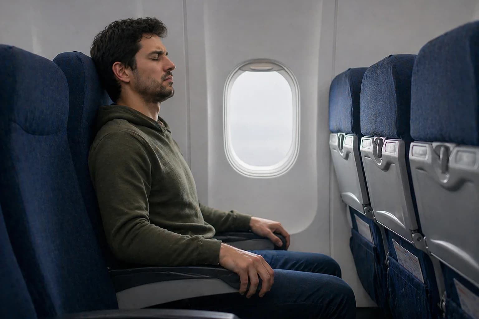 Passageiro tenso com olhos fechados sentado sozinho em poltronas de avião